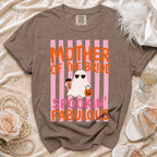 Brown t-shirt with "MOTHER OF THE BRIDE SPOOKIN' FABULOUS" and ghost graphic.