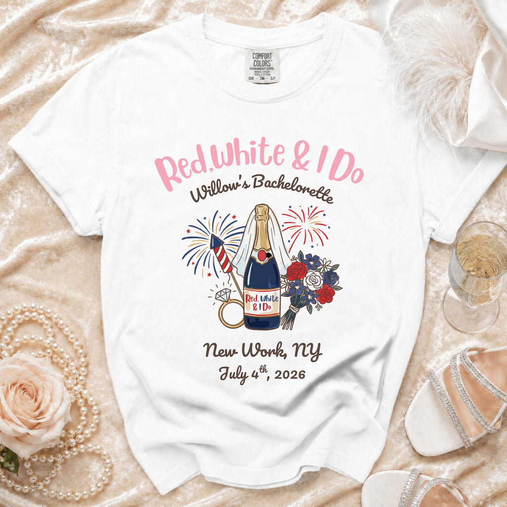 White t-shirt with "Red, White & I Do" bachelorette design.