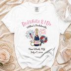 White t-shirt with "Red, White & I Do" bachelorette design.