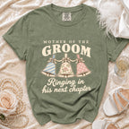 Green t-shirt with "Mother of the Groom Ringing in his next chapter" text and bells.