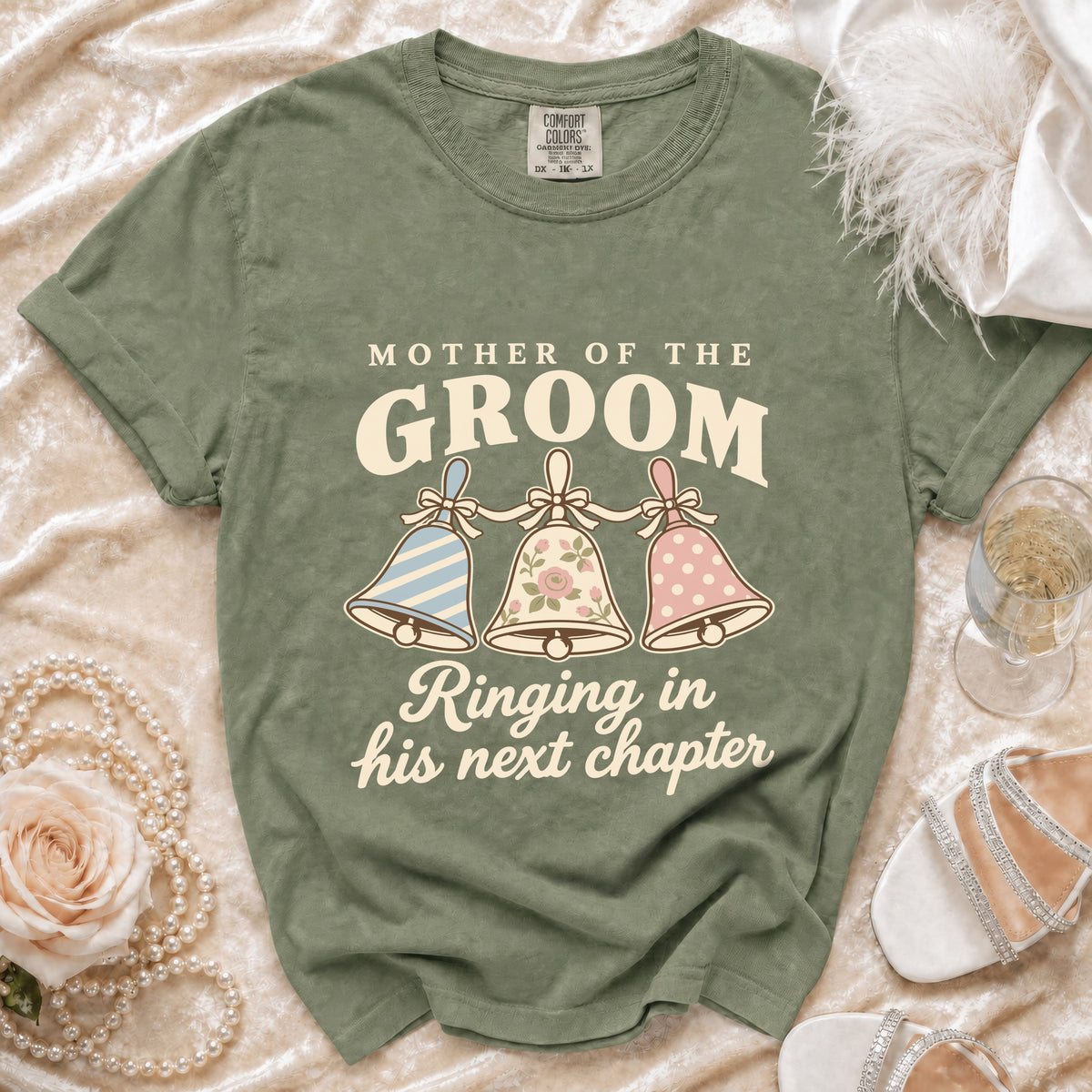 Green t-shirt with "Mother of the Groom Ringing in his next chapter" text and bells.