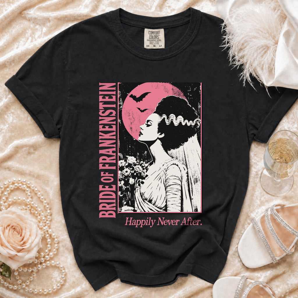 Black t-shirt featuring Bride of Frankenstein graphic with text "Happily Never After."