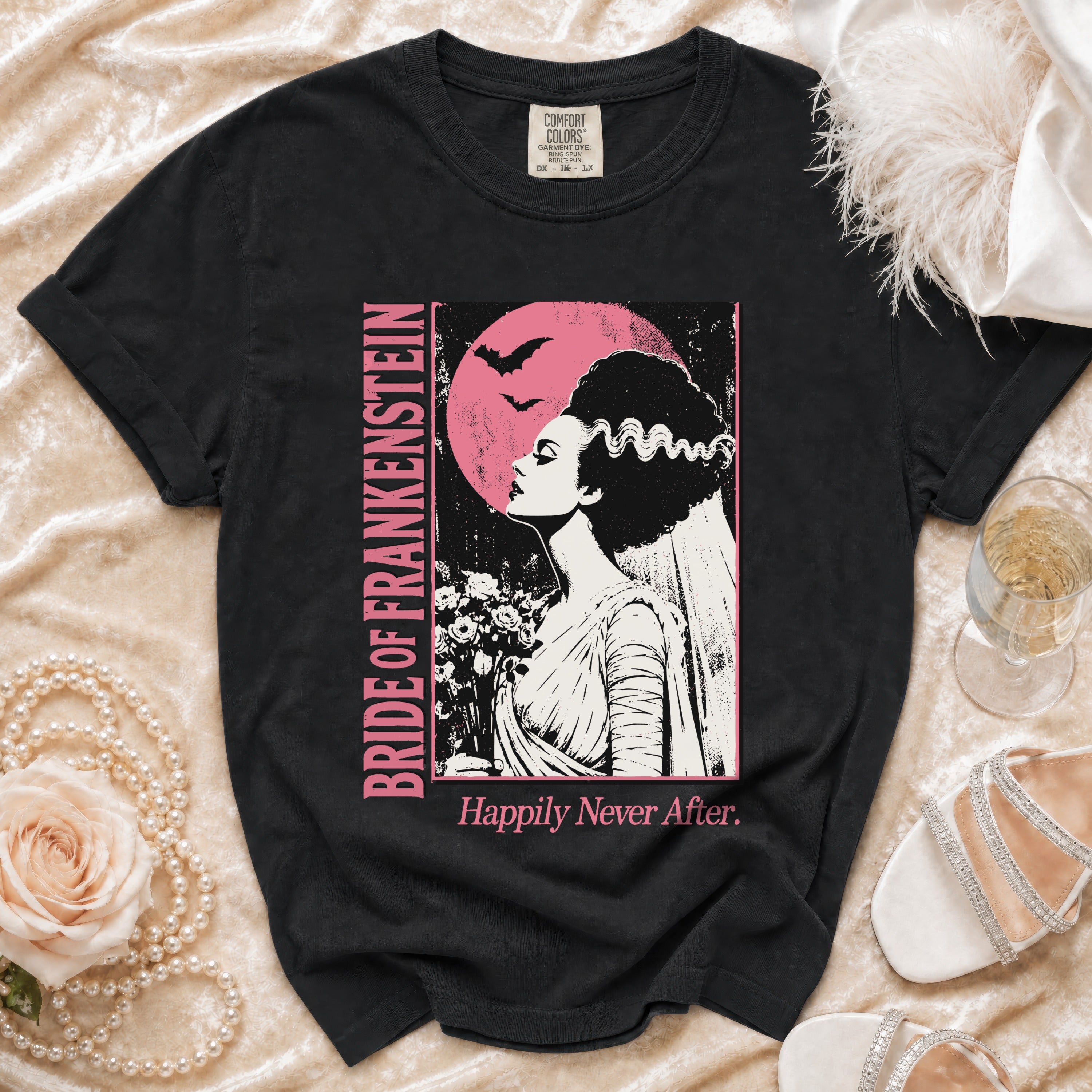 Black t-shirt featuring Bride of Frankenstein graphic with text "Happily Never After."
