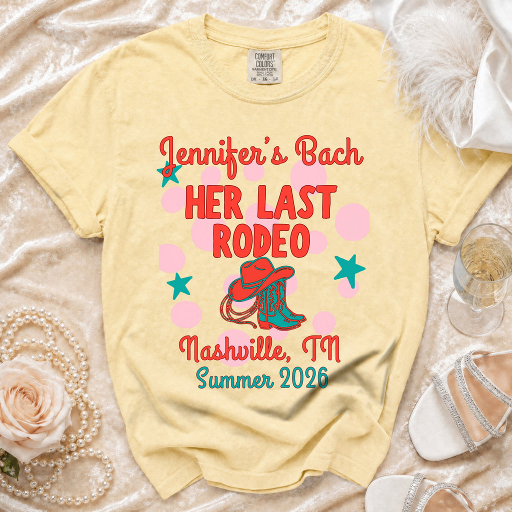 Yellow t-shirt with "Jennifer's Bach HER LAST RODEO Nashville, TN Summer 2026" design.