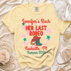 Yellow t-shirt with "Jennifer's Bach HER LAST RODEO Nashville, TN Summer 2026" design.