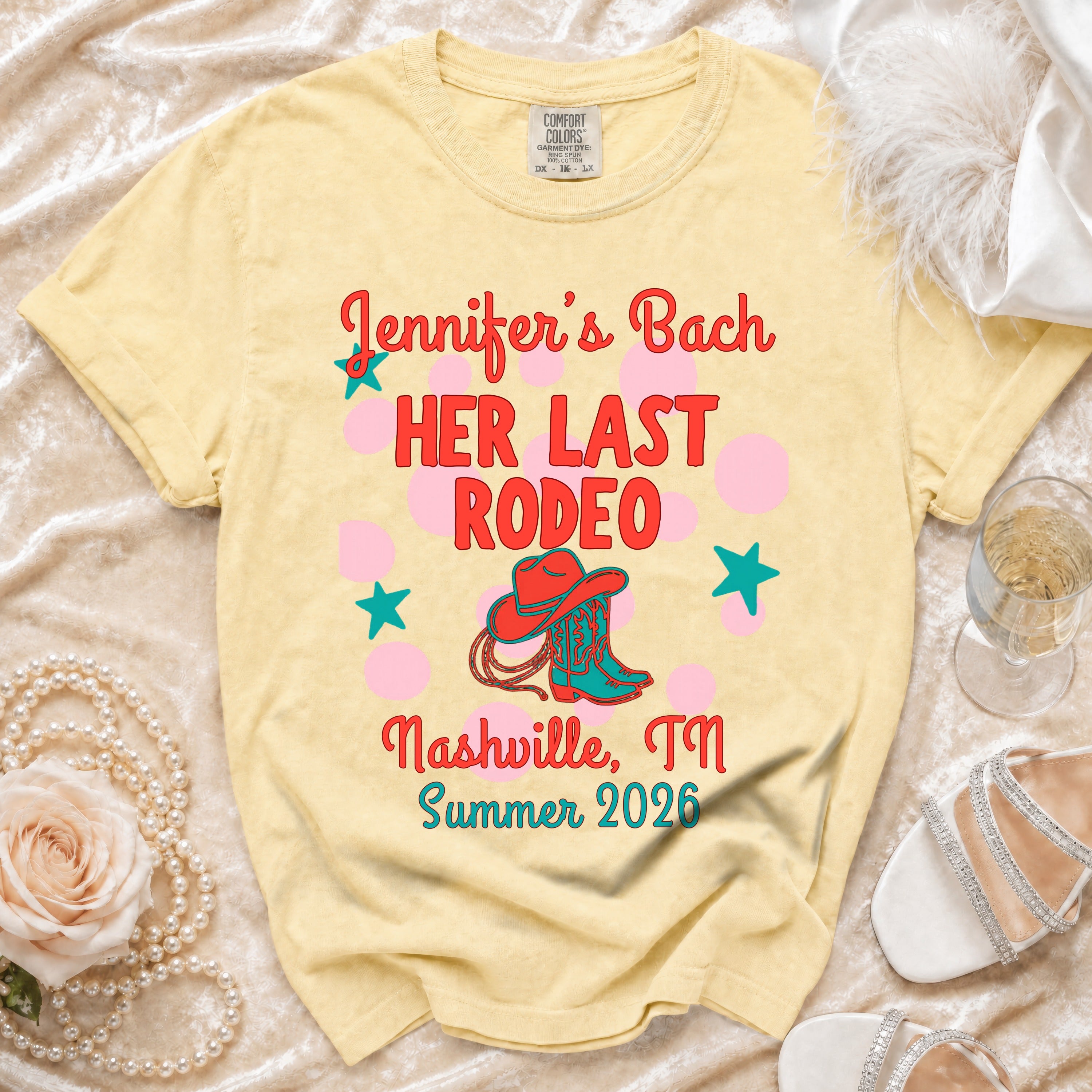 Yellow t-shirt with "Jennifer's Bach HER LAST RODEO Nashville, TN Summer 2026" design.