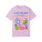 Pink t-shirt with "Last Splash Sarah's Bach Malibu CA Summer 2026" and beach graphics.