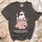 Gray t-shirt with a ghost graphic saying "Emotional Support Mom" and "Mother of the Bride".