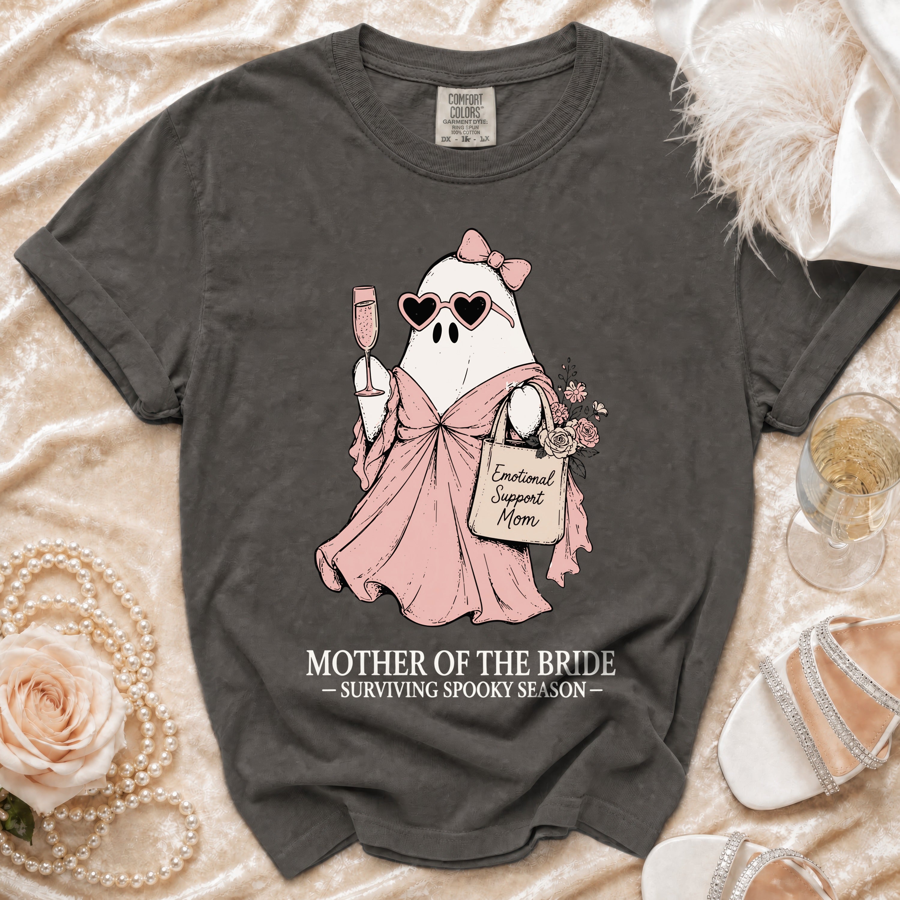 Gray t-shirt with a ghost graphic saying "Emotional Support Mom" and "Mother of the Bride".