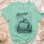 Teal t-shirt with "Marriage: Expensive AF, Totally Worth It" and wedding car graphic.