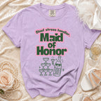 Lavender t-shirt with "Chief stress handler Maid of Honor" text and bridal illustration.