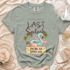 Sarah's Bach Last Splash t-shirt with flamingo, palm trees, and "Malibu, CA Summer 2026".