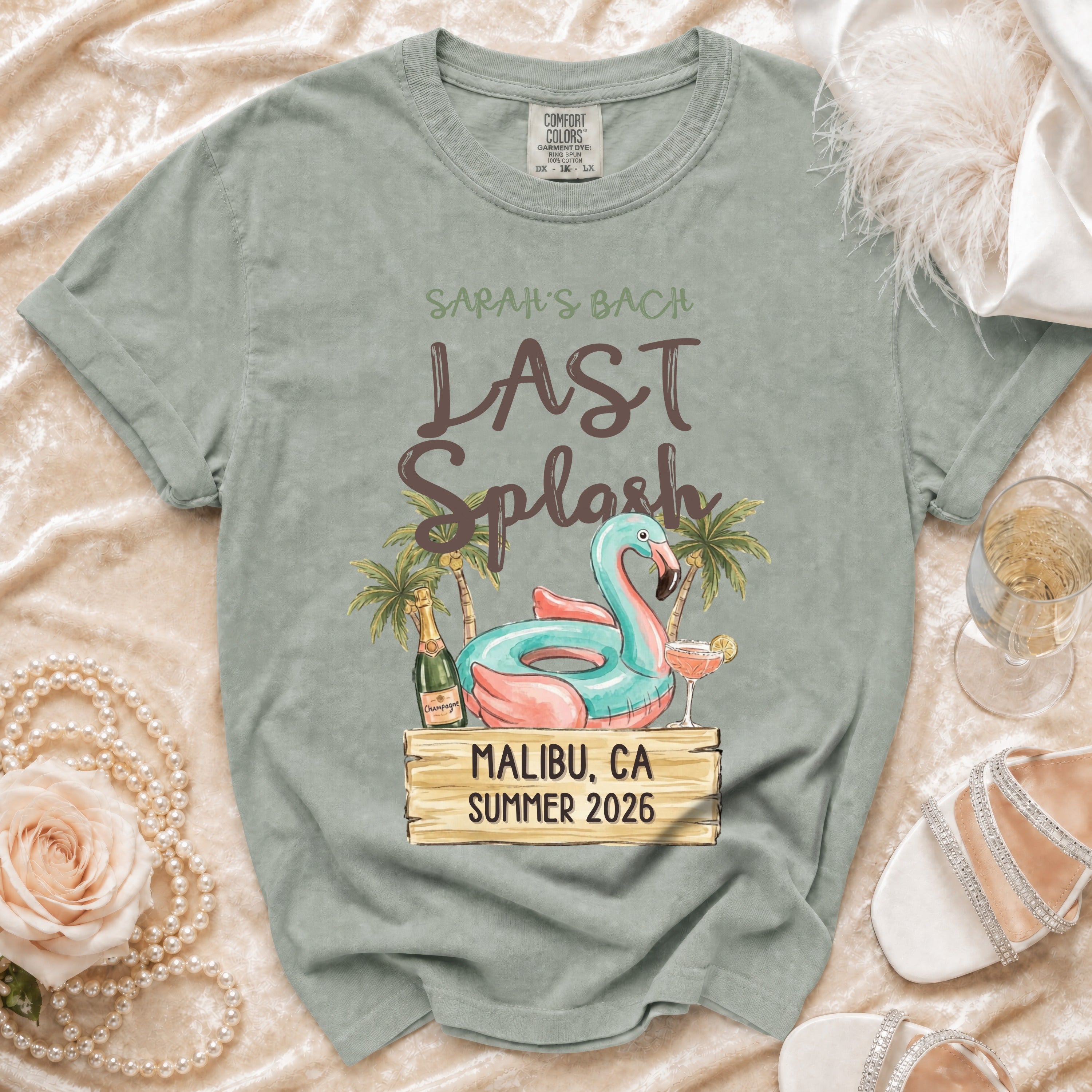 Sarah's Bach Last Splash t-shirt with flamingo, palm trees, and "Malibu, CA Summer 2026".