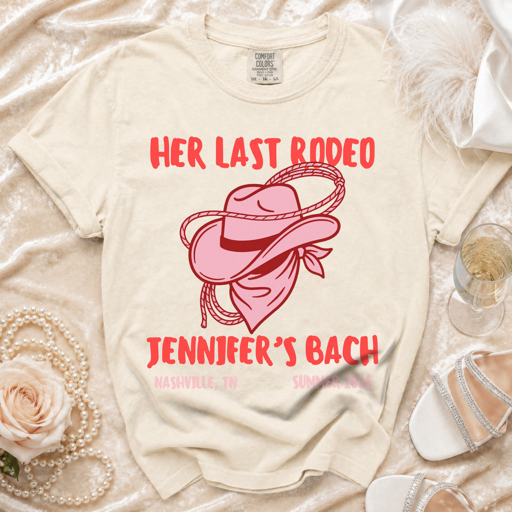 Pink cowboy hat and bandana graphic with text "Her Last Rodeo Jennifer's Bach Nashville, TN Summer 20".