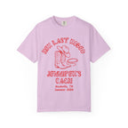 Pink t-shirt with "Her Last Rodeo" text, cowboy boots, and lasso graphic.