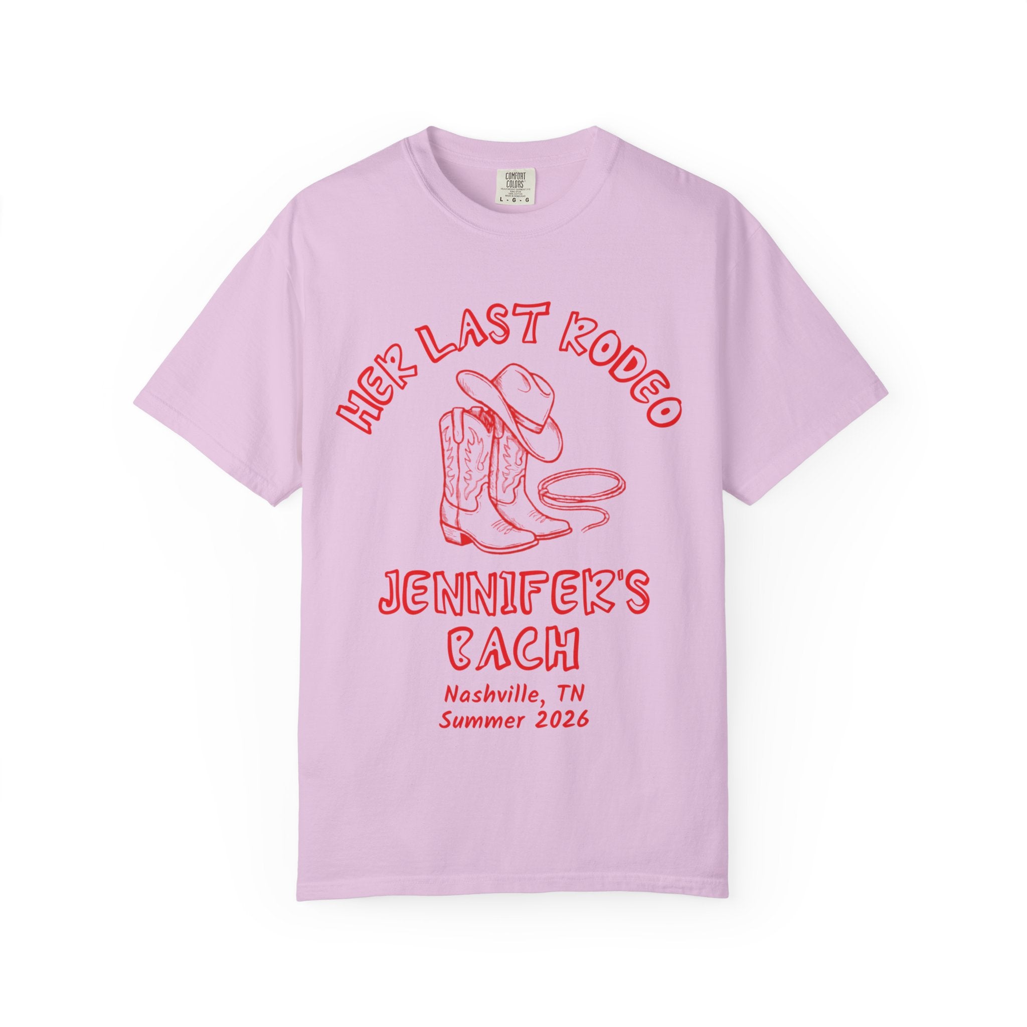 Pink t-shirt with "Her Last Rodeo" text, cowboy boots, and lasso graphic.