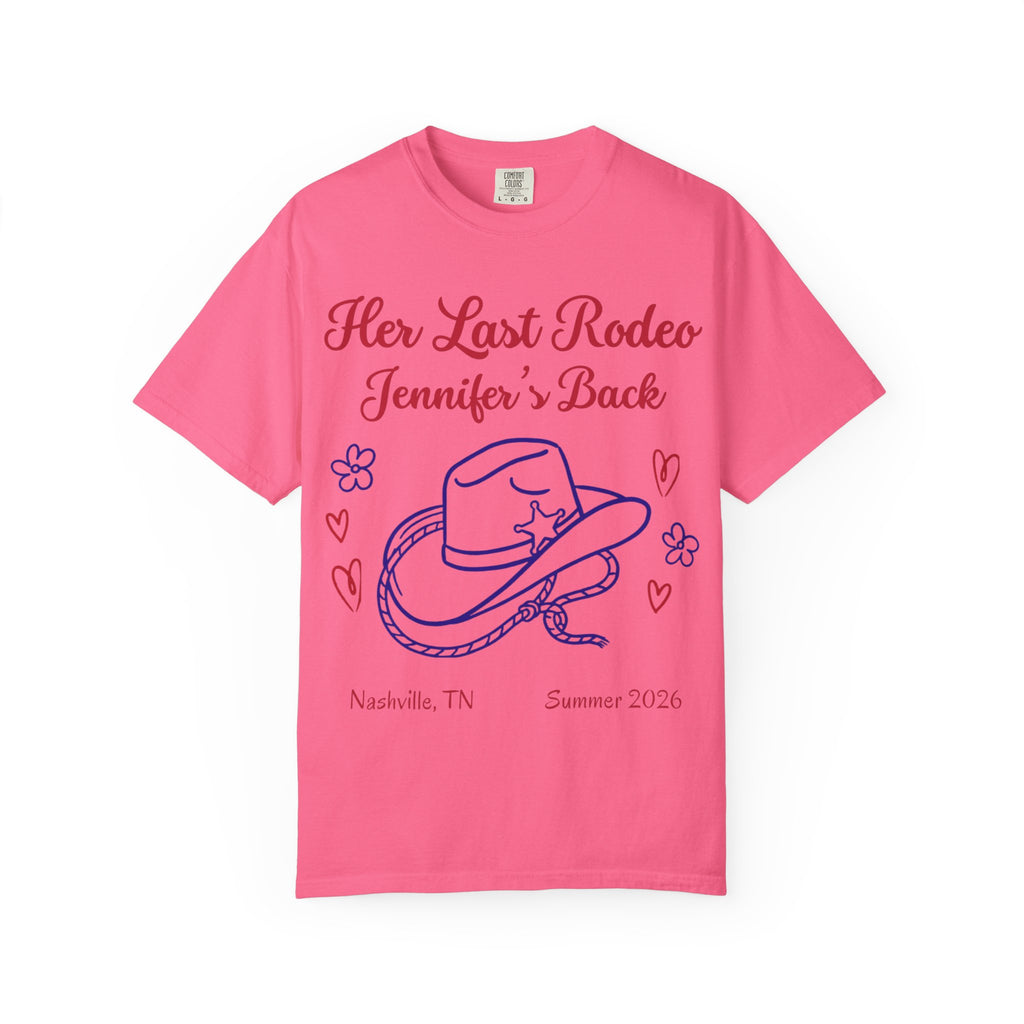 Pink t-shirt with "Her Last Rodeo Jennifer's Back" and cowboy hat graphic.