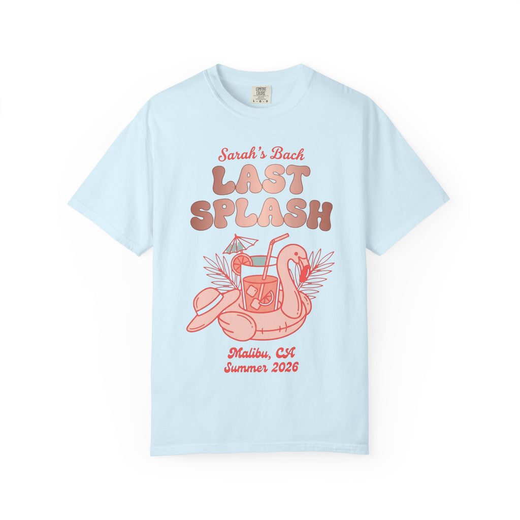 Light blue t-shirt with "Sarah's Last Splash" and a flamingo float.