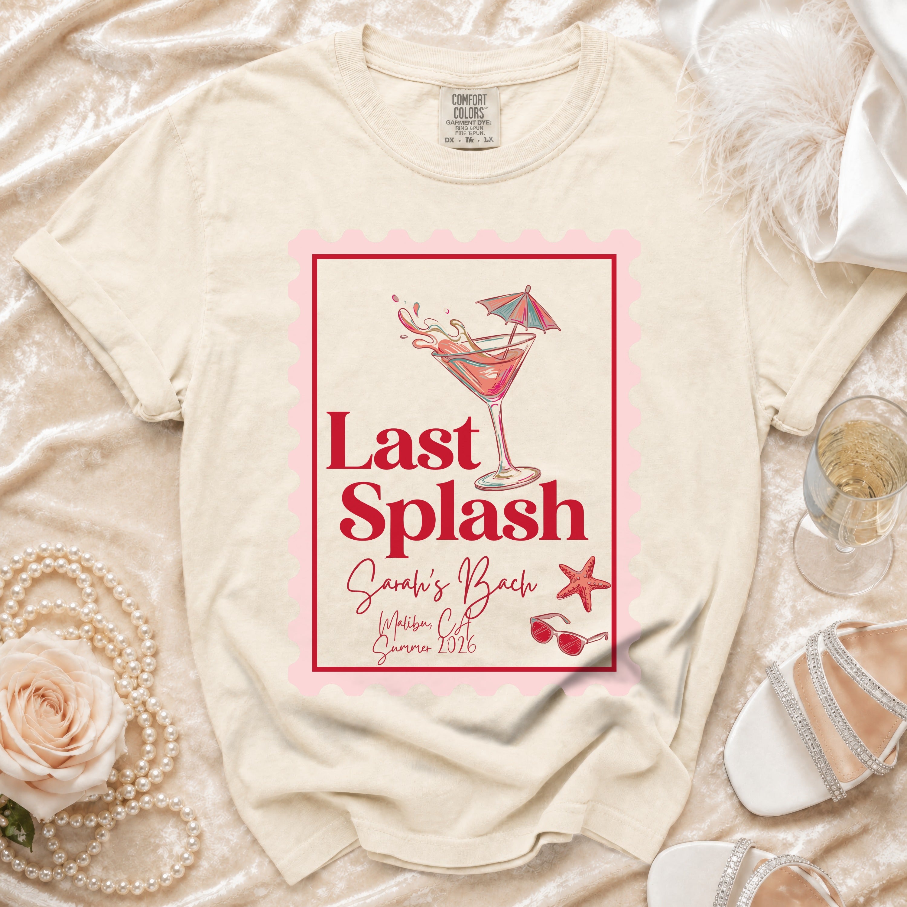 T-shirt graphic "Last Splash Sarah's Bach Malibu, CA Summer 2026".