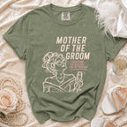 Olive t-shirt with "Mother of the Groom" graphic and humorous text.