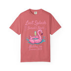 Pink flamingo float with text "Last Splash Sarah's Bach Malibu, ca Summer 2026".