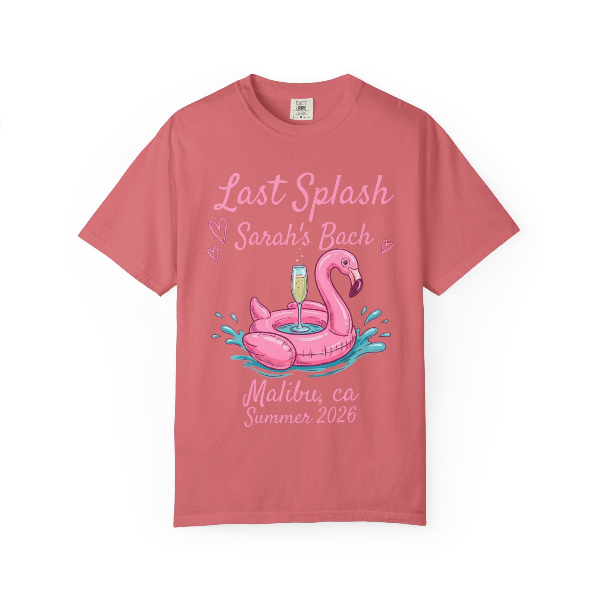 Pink flamingo float with text "Last Splash Sarah's Bach Malibu, ca Summer 2026".