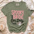 Green t-shirt with "SPOOKY BRIDE On Duty" text and ghost graphic.