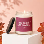 Glass candle with lit flame and label reading "Thank You For Raising the Man of My Dreams."