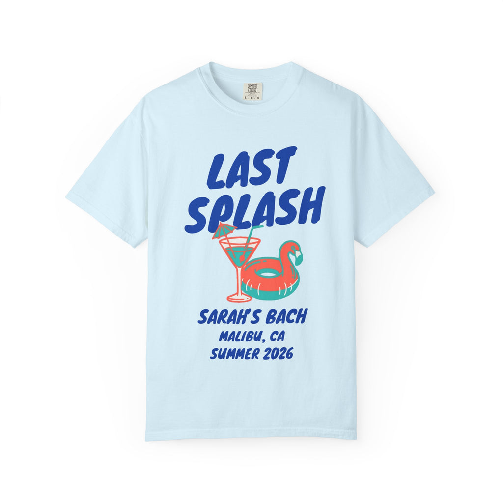 Light blue t-shirt with "Last Splash" and pool float design.