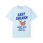 Light blue t-shirt with "Last Splash" and pool float design.