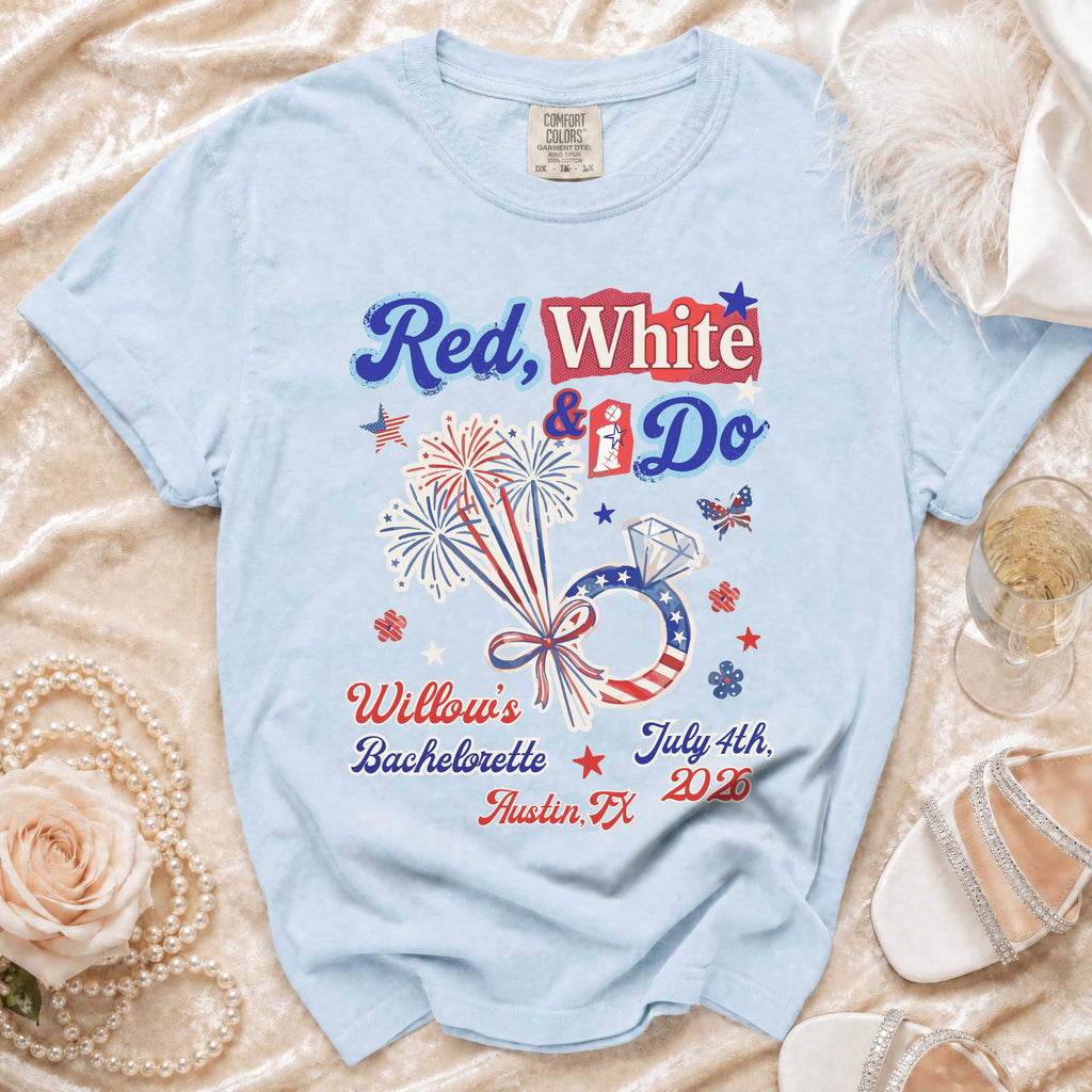 Light blue t-shirt with "Red, White & Do" bachelorette design and fireworks.