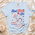 Light blue t-shirt with "Red, White & Do" bachelorette design and fireworks.