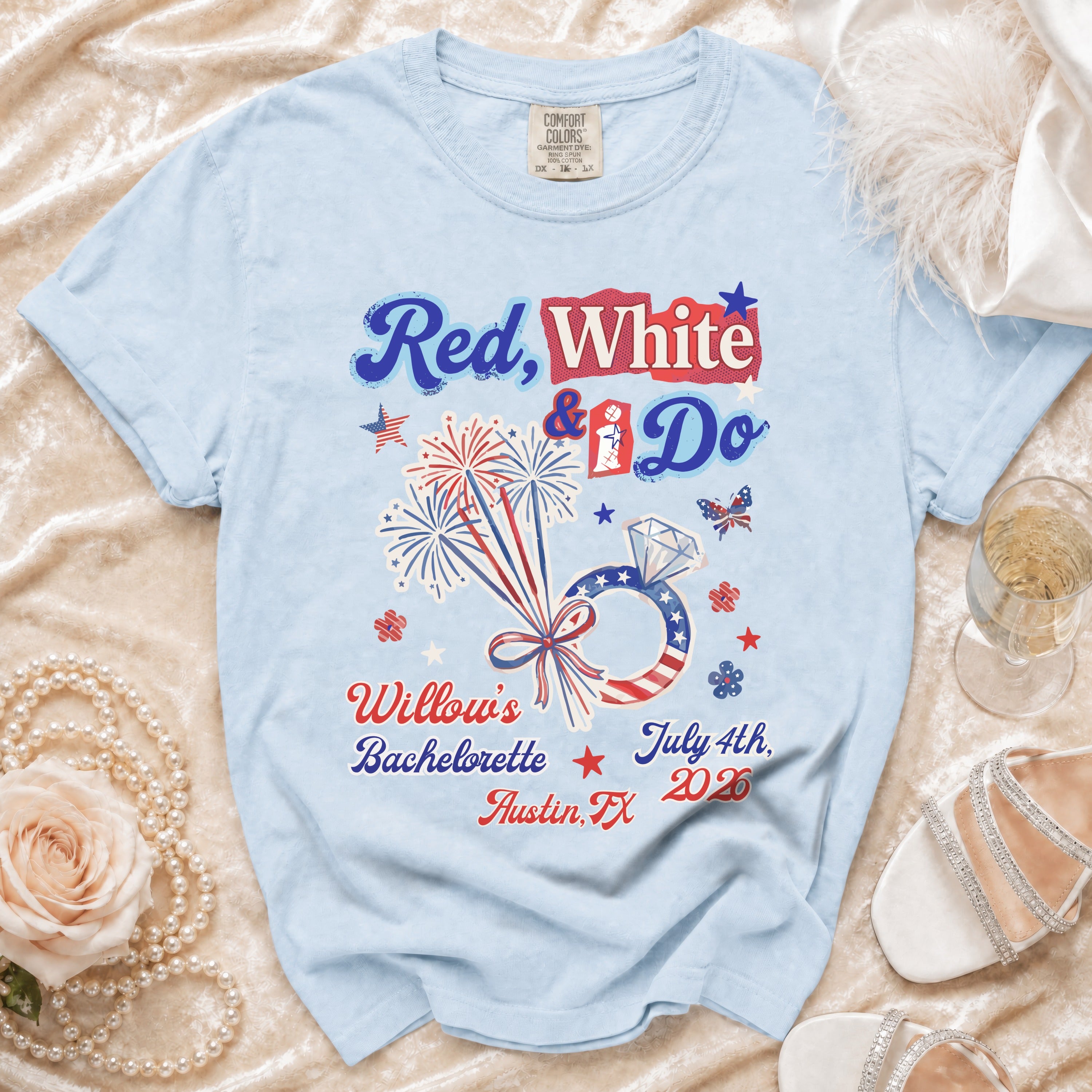 Light blue t-shirt with "Red, White & Do" bachelorette design and fireworks.