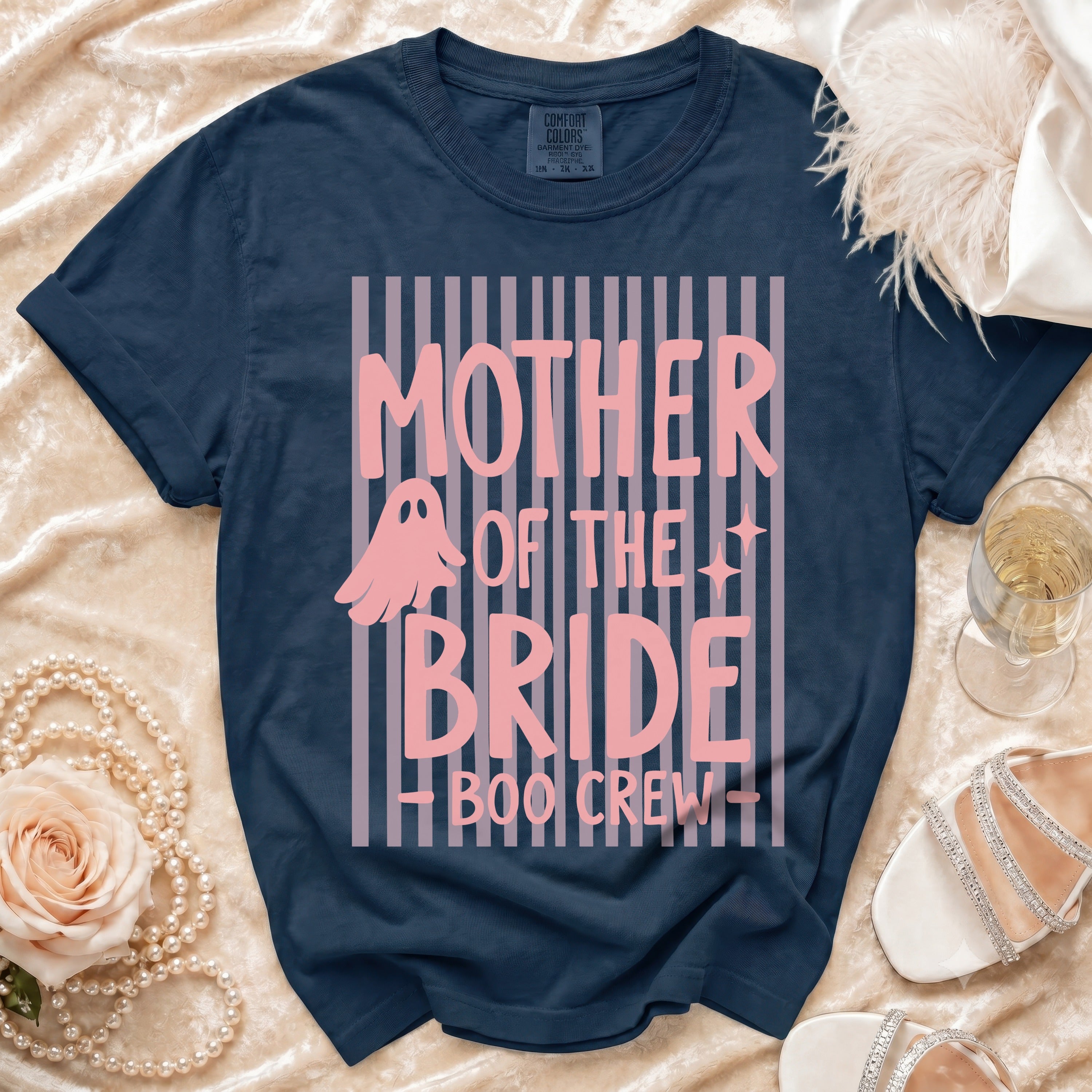 Navy shirt with "MOTHER OF THE BRIDE BOO CREW" text and ghost graphic.