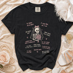 Black t-shirt with skeleton bride graphic and Halloween-themed wedding sayings.