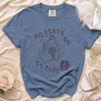 Blue t-shirt with ghost bride graphic and text "Til Death Do Us Part".
