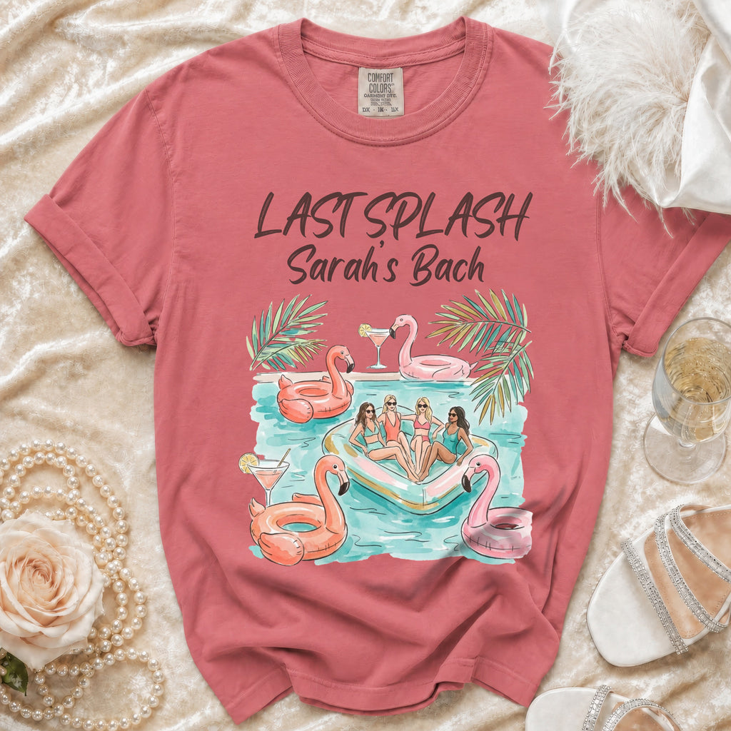 T-shirt graphic of women on inflatable flamingos in a pool, "Last Splash Sarah's Bach" text.