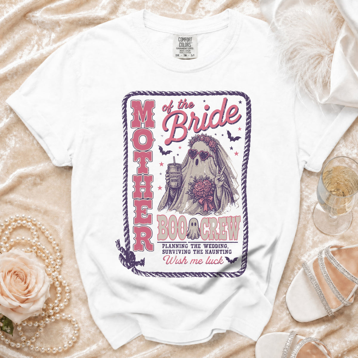 White t-shirt with "Mother of the Bride Boo Crew" graphic featuring a ghost bride.
