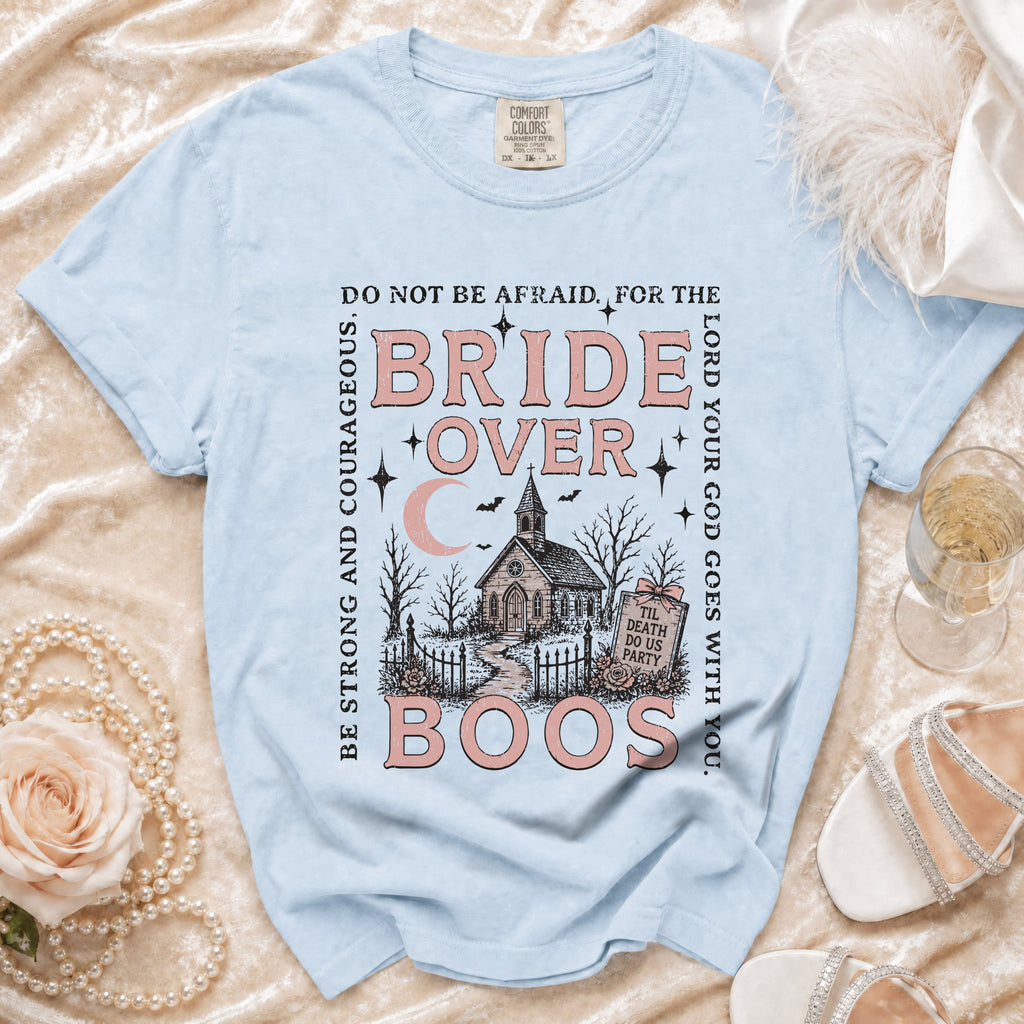 Light blue t-shirt with "Bride Over Boos" graphic and religious text.