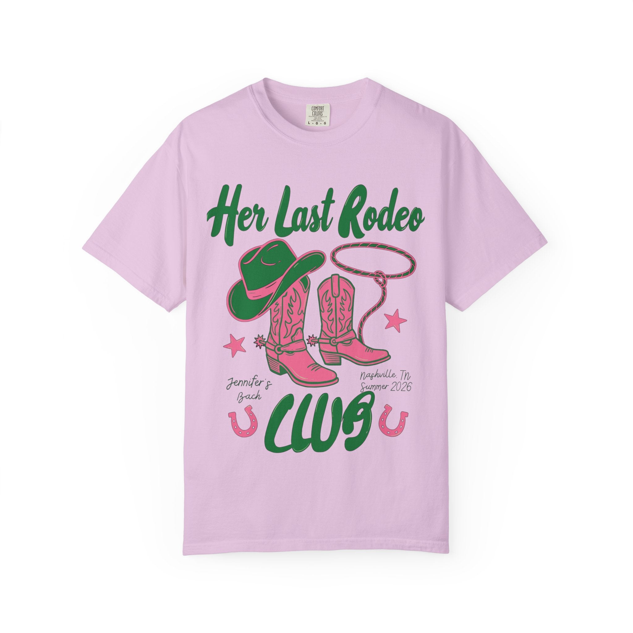 Pink t-shirt with "Her Last Rodeo" text, cowboy boots, and lasso graphic.