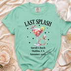 Last Splash t-shirt with ring, cocktail, and text "Sarah's Bach Malibu, CA Summer 2026".