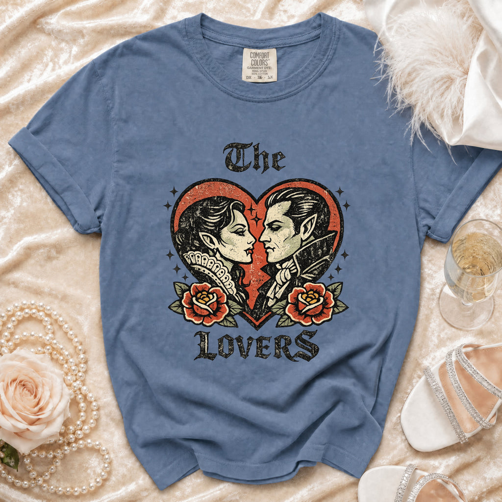 Blue t-shirt with vintage vampire couple graphic, roses, and "The Lovers" text.