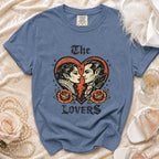 Blue t-shirt with vintage vampire couple graphic, roses, and "The Lovers" text.