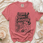 Pink t-shirt with "Maid of Honor Obviously" graphic, champagne flutes, flowers, lips, and ring.
