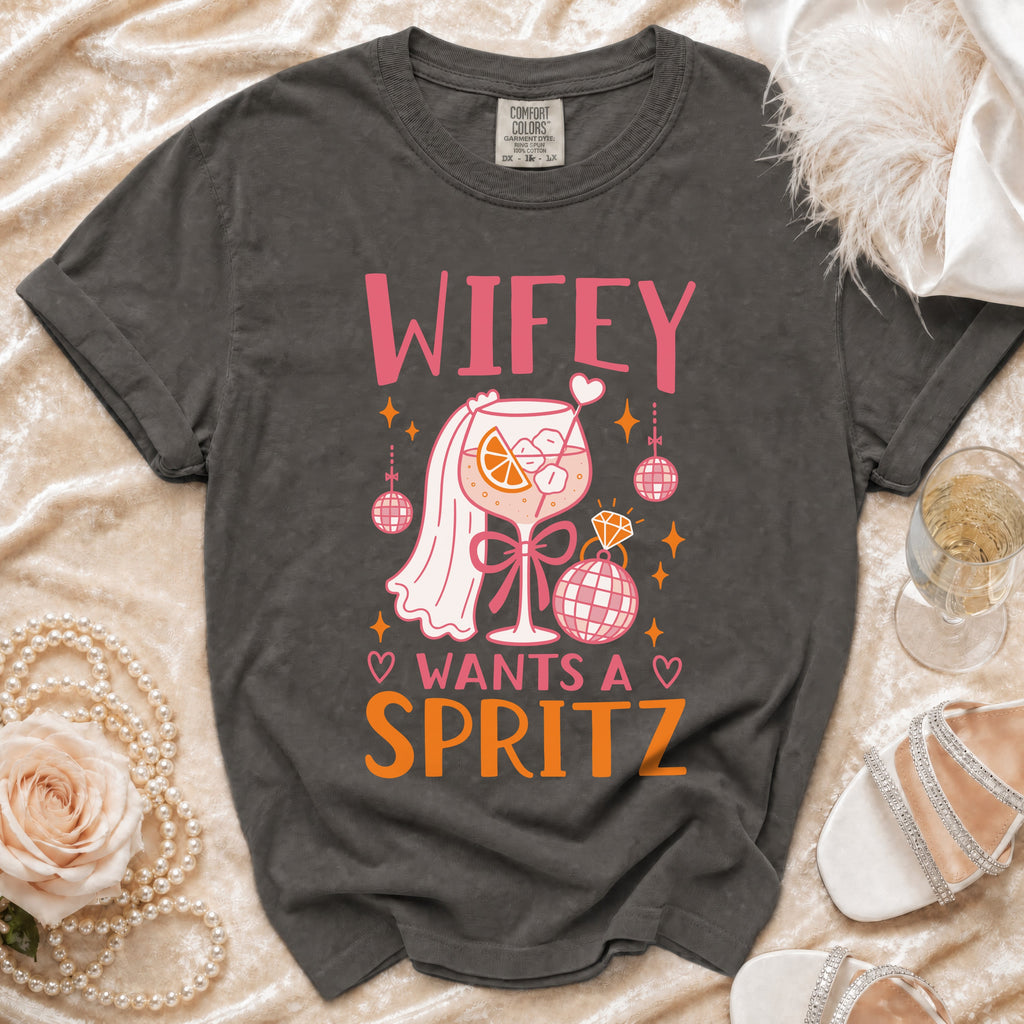 T-shirt with "Wifey Wants a Spritz" text and drink graphic with bridal veil.