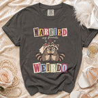 T-shirt with "Married my favorite Weirdo" and two raccoons in wedding attire.