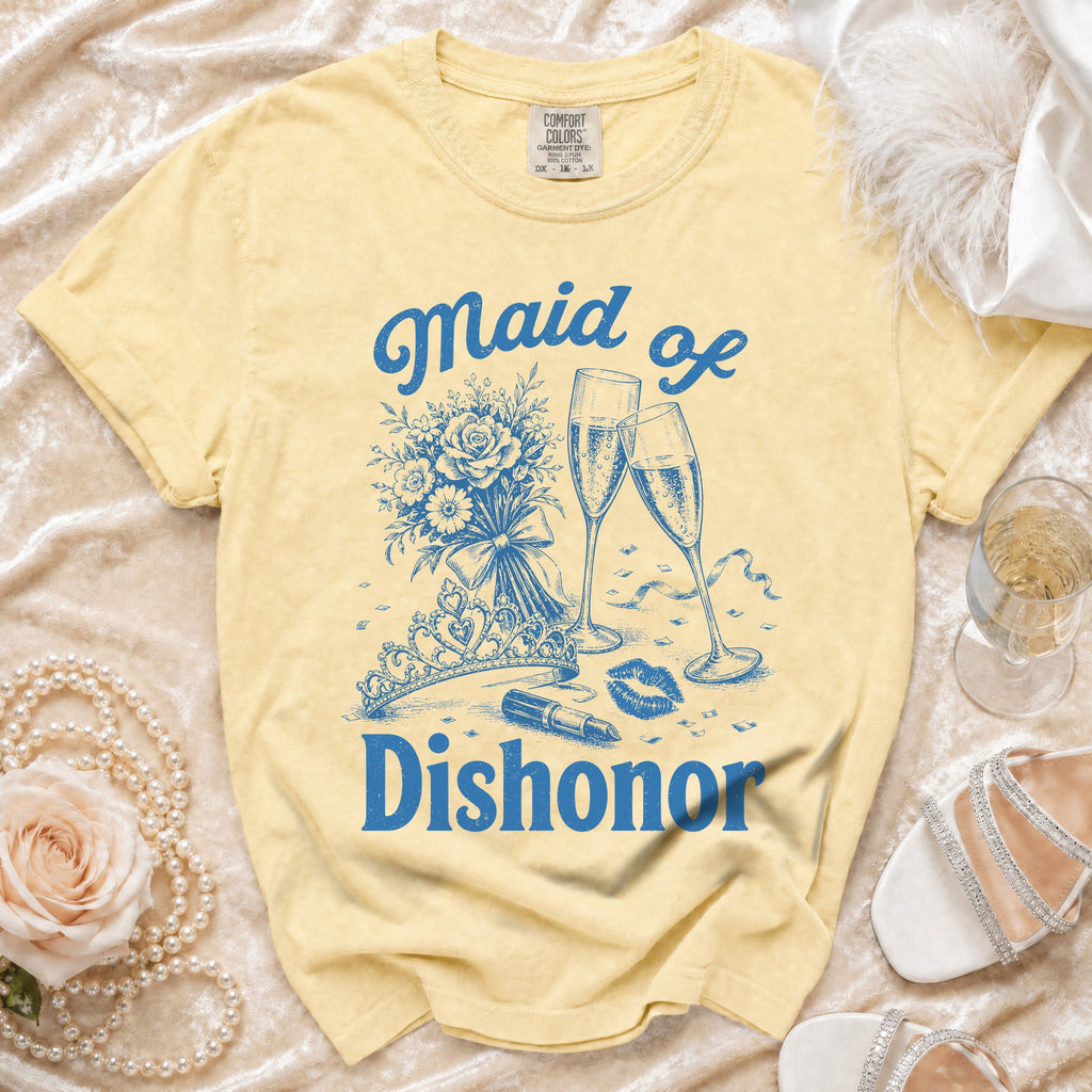 Yellow t-shirt with "Maid of Dishonor" text and graphics including champagne, lipstick, and lips.