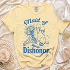 Yellow t-shirt with "Maid of Dishonor" text and graphics including champagne, lipstick, and lips.