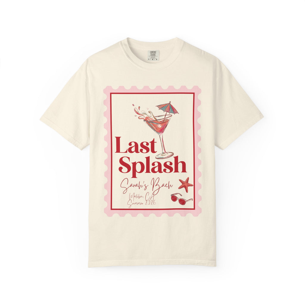 T-shirt graphic with "Last Splash" text, cocktail, and beach elements.