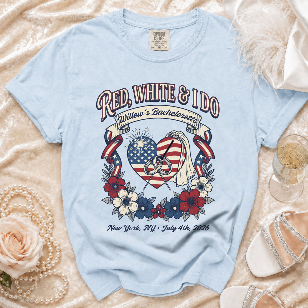 Red, White & I Do bachelorette t-shirt with heart, flowers, and text.